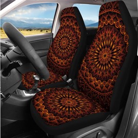 DBBXHZJY 14 Pcs Orange Mandala Car Seat Covers Full Set with Auto Steering Wheel Cover Armrest Cushion Protector Seat Belt Covers,Flower Automotive Interior Sets Unverisal Fit Cars SUV Turcks