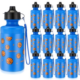Maxdot 12 Pcs Christmas Basketball Water Bottles Bulk 18 oz Squeeze Reusable Plastic Water Bottle with Nylon Strap Leak Proof Sport Theme Cup for School Basketball Team Grad Gift(Blue)