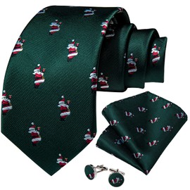 DiBanGu Christmas Dark Green Tie With Santa Claus Men's Necktie and Pocket Square Cufflinks Festival