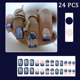 24pcs Blue French Nail Press-On Square Medium False Nails Gold Blue Leaf Glue Acrylic Nails Full Cover Spring Summer False Nails with Pattern Flower Nail Art Decoration for Women