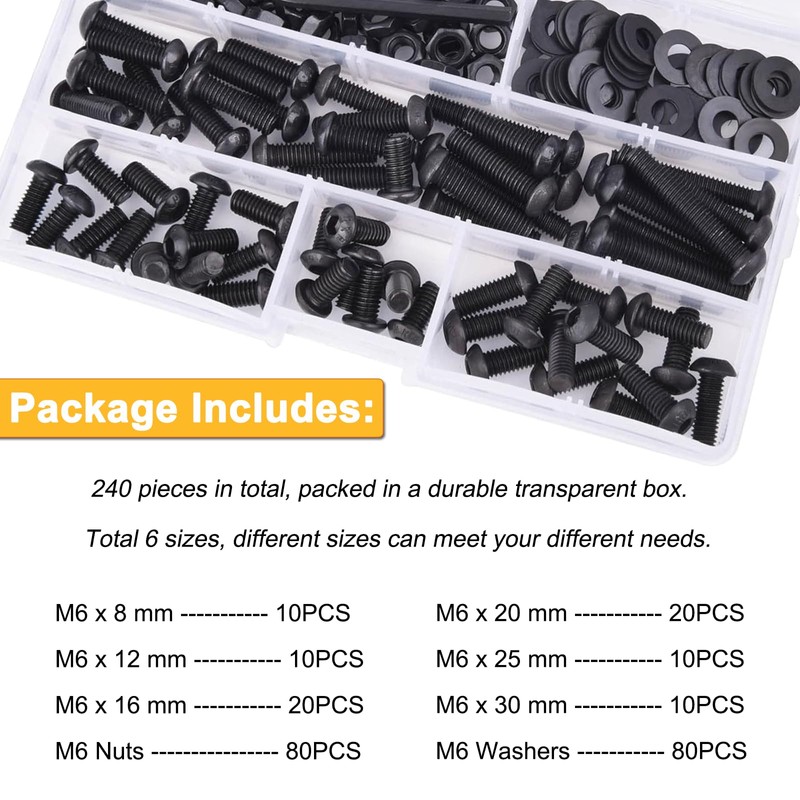 240PCS M6 x 8mm/12mm/16mm/20mm/25mm/30mm Button Head Hex Socket Cap Screws