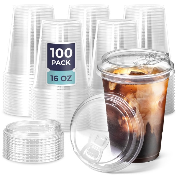 [100 Pack] 16 oz Clear Plastic Cups with Strawless Sip Lids, Disposable Plastic Coffee Cups with Lids, To Go Cups for Iced Coffee, Smoothies, Soda, Party Drinks, Bubble Tea, Cold Beverage