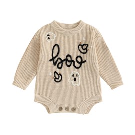 FYBITBO Baby Girl Boy Sweater Knit Oversized Pullover Sweatshirt Romper Onesie Warm Fall Winter Clothes Outfit Newborn (Beige Knit Boo,9-12 Months)