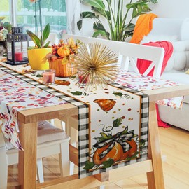 DTCSWACN Pumpkin Bow Buffalo Plaid Fall Table Runner, Seasonal Autumn Kitchen Dining Table Decor, Dinner Party & Thanksgiving Centerpiece Decorations 13x72 Inch