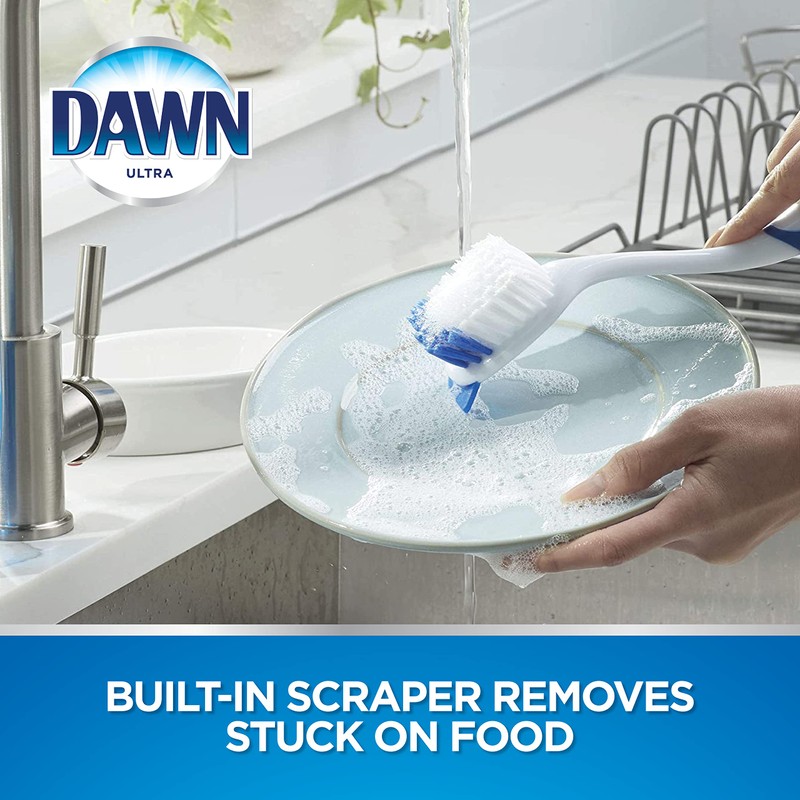 Dawn Dish Brush with Soft Nylon Bristles and Scraper, Blue/White