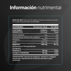 Glicinato de Magnesio de 400 Cápsulas 1800 mg por porción. Alta absorción. Ingredientes Naturales. Glycinate Mag B Life