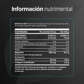 Glicinato de Magnesio de 400 Cápsulas 1800 mg por porción. Alta absorción. Ingredientes Naturales. Glycinate Mag B Life