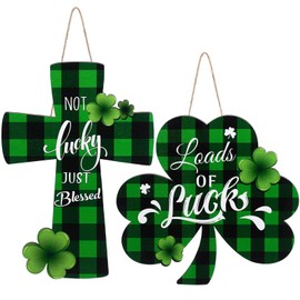 Capoda 2 Pcs St. Patrick's Day Door Sign Lucky Shamrock Wooden Hanging Sign Religious Loads of Luck Plaque Buffalo Plaid Blessing Cross Welcome Sign for Irish Christian Party Door Wall Home Decoration