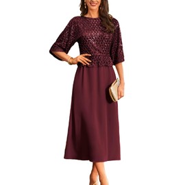 Women's Wedding Guest Dresses 2025 Elegant A Line Crew Neck Half Sleeve Sequin Maxi Evening Dress Wine Red