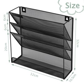 ideallife 3 Pockets Mesh Wall File Holder Organizer with Bottom Flat Tray, Office Hanging File Folder Magazine Rack, Nametag Label Hooks Set Included, Black