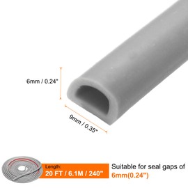 HARFINGTON Silicone Weather Stripping Door Seal 20ft x 9mm x 6mm Self-Adhesive D-Shape Door Seal Strip Soundproof Waterproof for Door Frame Windows Insulation Large Gap, Grey
