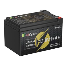 E LiCycle 12/12.8V 15Ah LiFePO4 Lithium Battery 4000+ Deep Cycles Rechargeable Battery for UPS, Solar Panel, Power Wheels, Kayak Fish Finder, Scooter, RV, Marine - Safe & Lightweight Design