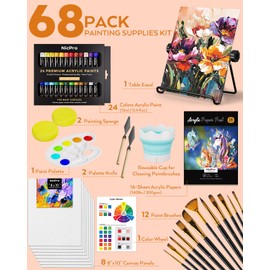 Nicpro 68PCS Acrylic Paint Canvas Set for Adults & Kids, Art Painting Supplies Kit with 24 Paints,Table Easel,8 Canvas Panels,12 Brushes,Paper Pad,Cleaning Cup,Sponge,Palette for Artist Beginner