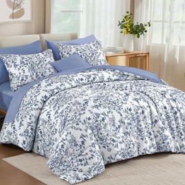 WONGS BEDDING Blue Floral Comforter Set Queen Size, 8 Pieces Flower Botanical Bed in a Bag Bedding Set, Soft Microfiber Comforter, Sheets, Pillowcases & Shams (90"x90")