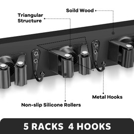 IMILLET Broom Holder Wall Mount, Wood Broom Holder with 5 Racks and 4 Hooks Broom Organizer, Laundry Room Organization and Storage, Mop Hanger for Home Organization, Garden, Garage, Closet (Black)