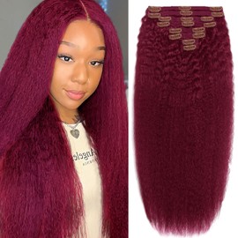 Burgundy Clip in Hair Extensions Real Human Hair Clip Ins 8pcs Per Set 110g Brazilian Kinky Clip in Hair Extensions Black Women #99j Full Head Kinky Straight Human Hair (18inch)