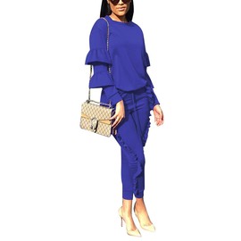 KANSOON Conjunto de 2 piezas de trajes de manga puff y pantalones largos con volantes, Azul, Large / ( US 10-12 )