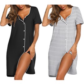 Ekouaer Nightgowns for Women 2 Pack Breastfeeding Sleepshirt Button Front Sleep Dress Nightdress Black & Grey Stripe Large