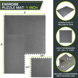 ProsourceFit Extra Thick Puzzle Exercise Mat , EVA Foam Interlocking Tiles for Protective, Cushioned Workout Flooring for Home and Gym Equipment, Grey - 1 inch - 24 Sq Ft - 6 Tiles