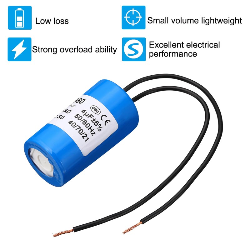 PATIKIL 4uf CBB60 Run Capacitor,1Pcs AC 450V 2 Wires 50/60Hz