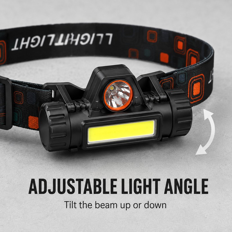 Q5 + COB LED Headlamp with Dual-Beam Lighting, Adjustable Tilt