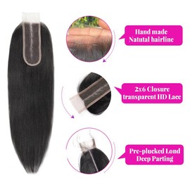 Wadiss | HD Lace Closure 2x6 Straight Body Wave Human Hair Closure 0.10mm Ultra-thin Invisible Lace Closure Pre Plucked Single Knot 14-18 Inch black beige straight hairextensions - Length: 18, Texture: Straight