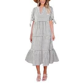 Theenkoln Womens Casual Midi Dress: Short Sleeve V-Neck Empire Waist Gingham Spring Fashion Long Trendy Tiered Formal Dresses Black-White