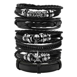 Manfnee Braided Leather Bracelet for Men Women Wooden Beads Cuff Wrap Bracelet Adjustable Pack of 6, 7 9 inch, Leather