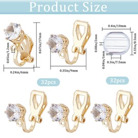 SOFPLATE 1 Box 32Pcs Clip-on Earring Converter Clip on Earrings Backs Brass Non Pierced Triangle Shape Clip Converters with Crystal Rhinestone and Pads Earring Clips for Jewelry Making Supplies DIY