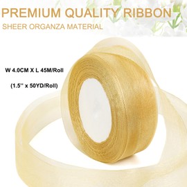 Gold Ribbon for Gifts Wrapping, 1-1/2 inch 50Yard Sheer Organza Chiffon Fabric Ribbon, 1.5 inch Mesh Ribbons for Flower Bouquet, Wedding, Crafts, Decoration, Present