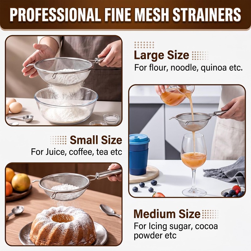 Double-Layer Fine Mesh Strainer, 4.7 Inch Stainless Steel Double Ear