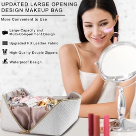 TOPALL Cosmetic Bag Travel Women's Beauty Case PU Leather Large Make Up Bag Portable Makeup Bag Toiletry Bag Organiser with Capacity for Travel Accessories Travel Essentials Women, Gridded White