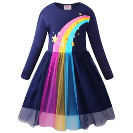 VASCHY Rainbow Tulle Dress for Girls, Cute Girls Casual Autumn Spring Long-Sleeve Outfit,Toddler/Little/Big Kid Girls Clothing Size 4-5T Blue