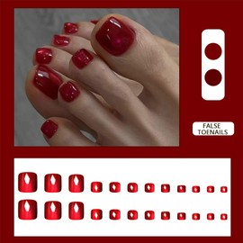 24PCS False Toenails - Acrylic Stick on Toe Nails - Translucence Cherry Red Fake Toenails with Glue Press on Nails for Toe for Women and Girls Fashion Nail Tips Home DIY