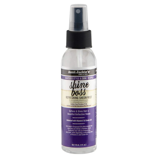 Aunt Jackie's Grapeseed Style and Shine Recipes Shine Boss Refreshing Sheen Hair Mist, Gives Curls, Waves and Coils Shine Without Oily Feel, 4 oz