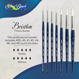 Silver Brush Limited BR-1955S Bristlon Short Handle Round Brushes with Stiff White Synthetic Tips, 7pc Premium Painting Set for Acrylic, Oil, Watercolor, & All Media, Sizes 2/0, 0, 1, 2, 4, 6, 8