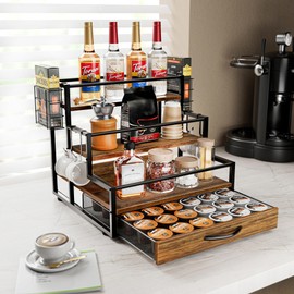 Coffee Syrup Organizer Rack, 4-Tier Syrup Bottle Holder Stand with 36 K Cup Pod Drawer Storage for Coffee Bar, 12 Bottles Storage Shelves for Syrup, Wine, Dressing for Kitchen Coffee Station