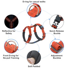 PLUTUS PET No Pull Dog Harness, Adjustable Nylon Harness with Soft Padding, Reflective, Heavy Duty for Large Dogs (Orange, L)