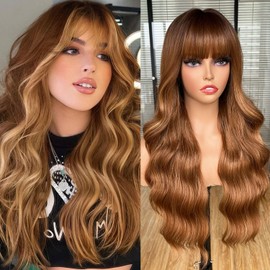 CoCrowns Wig with Bangs Long Wavy Wigs for Women Long Curly Synthetic Wig for Party Daily Use (Blonde Hightlight)