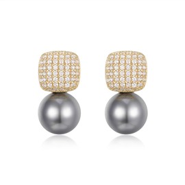 EVER FAITH Gray Faux Pearl Stud Earrings, Elegant White Cubic Zirconia Gold Plated Cushion Shaped Statement Earring Wedding Bridal Jewelry for Women Bride
