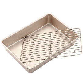 CHEFMADE Roasting Pan with Rack, 11-Inch Non-Stick Square Shallow Dish Sheet Pan with Wire Rack for Oven Baking, BBQ and Roasting 11.2" x 11.2" x 1.4" (Champagne Gold)