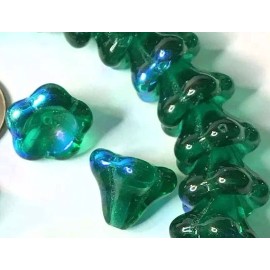 Czech Bead, 25 Teal Green AB Czech Pressed Glass 11x13mm Large Cone Flower Beads *