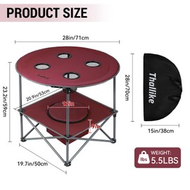 Thallike Portable Lightweight Folding Camping Table - Collapsible Foldable Picnic Camp Table with Cooler 4 Enlarged Upgraded Cup Holders and Carry Bag for Tailgating Beach BBQ RV Hiking Party Travel