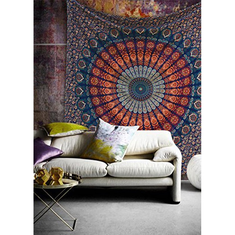 raajsee Blue Orange Tapestry Mandala Wall Hangings, Indian cotton Throw