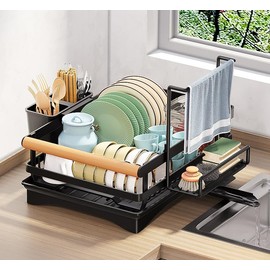 Generic LMingKun Dish Drying Rack- Space-Saving Dish Rack, Dish Racks for Kitchen Counter, Stainless Steel Kitchen Drying Rack with a Cutlery Holder,12''W x 16''L, Black