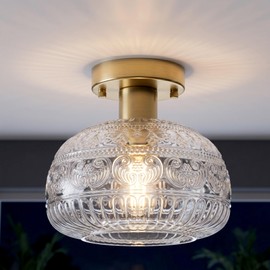 Helitemis 1-Light Gold Vintage Semi Flush Mount Ceiling Light, Embossed Relief Glass Shade Close to Ceiling Light Fixture, E26 Base Farmhouse Lighting for Hallway Entryway Bedroom Kitchen