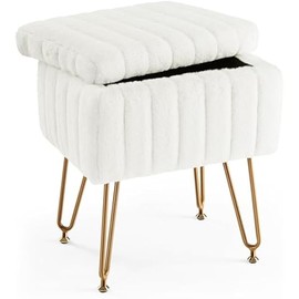 Sweetcrispy Vanity Stool Chair with Storage, Ottoman Faux Fur Soft Padded Makeup Footstools Seat with 4 Metal Legs Anti-Slip Adjustable Feet Modern Cute Small Footrest for Home Entryway Bedroom White