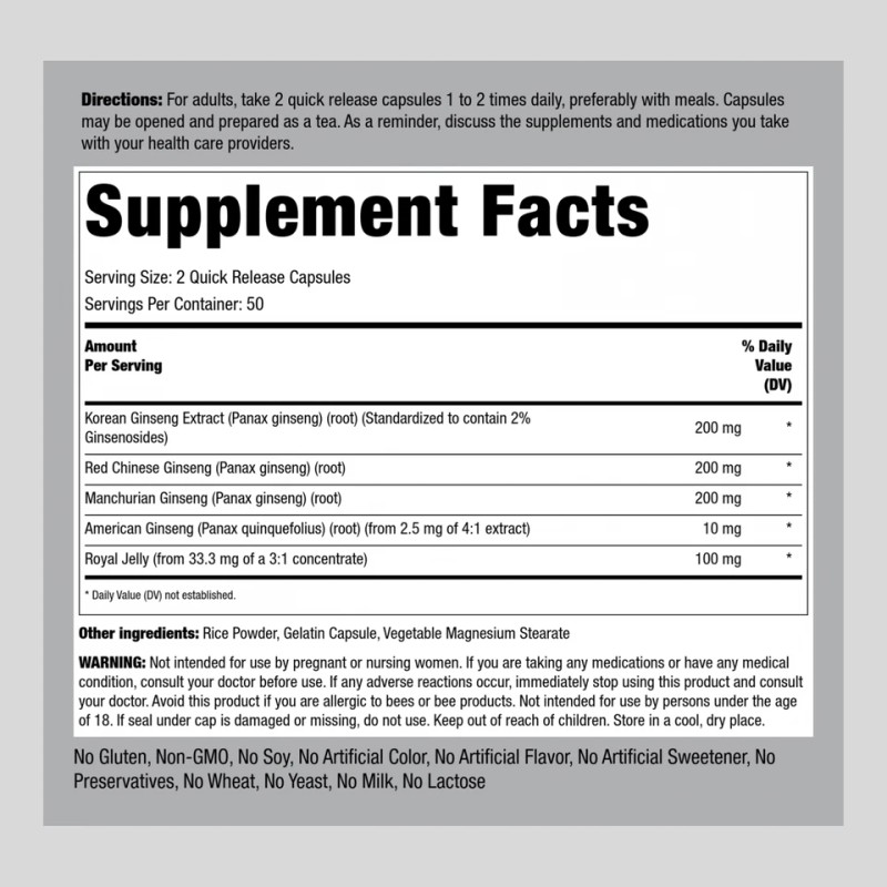 Ginseng Root Extract | 800mg | 100 Capsules | with