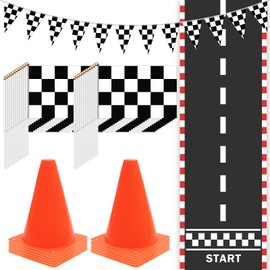 Windspeed Race Car Party Supplies, 38 Pcs Set: 24 Checkered Flags, 12 Mini Traffic Cones, 6.5Ft Racetrack Mat, 9.8Ft Hanging Flag, Birthday Decorations