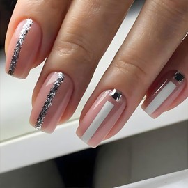 Press on Nails Square Medium Length Glossy Full Cover Acrylic Square Shape False Nails with Designs Artificial Short Coffin Fake Nails with Charms Glue Stick on Fingernails for Women Girls(DZ366)